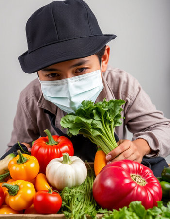Asian boy wearing a medical mask and holding fresh vegetables. Isolated on gray background.