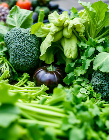 Variety of fresh organic green vegetables background. Healthy food concept.