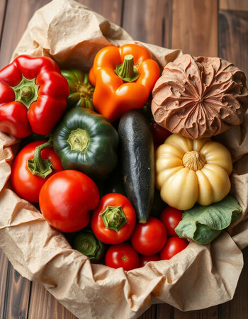 Fresh vegetables in a paper bag on a wooden background, top viewの写真素材