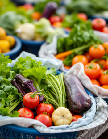 Variety of fresh vegetables in baskets at farmers market, closeupの写真素材