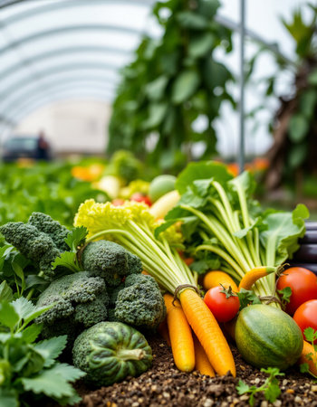 Organic vegetables in a greenhouse. Healthy food concept. Selective focusの写真素材