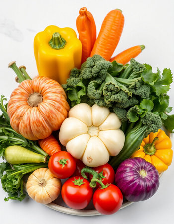 Fresh vegetables on white background. Healthy food concept. Top view.
