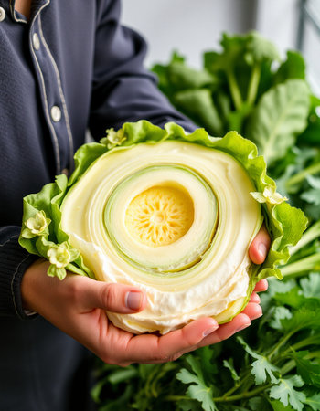Close-up of a woman's hands holding a green salad.