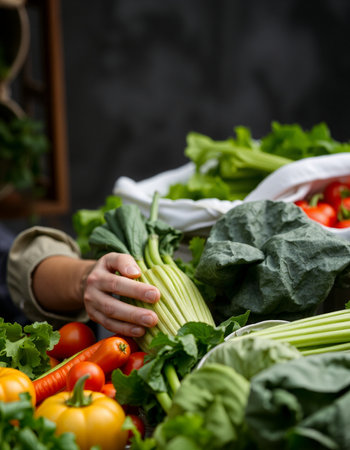Young woman in apron holding bunch of fresh vegetables in the kitchen.の写真素材