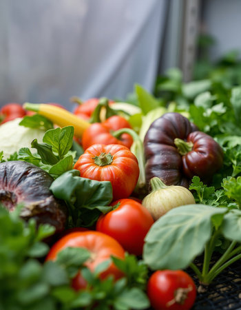 Fresh organic vegetables in a basket on a wooden table. Selective focus.
