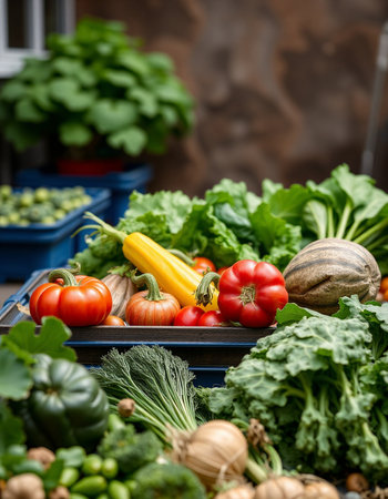 Variety of fresh vegetables on the market. Healthy food background.の写真素材