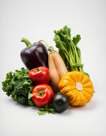 Composition with fresh vegetables on a white background. Balanced diet.の写真素材