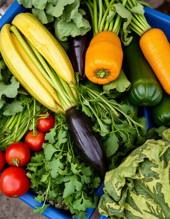 Fresh vegetables in a basket, top view. Healthy food background.の写真素材