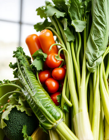 close up of a group of fresh vegetables in a kitchen, healthy foodの写真素材