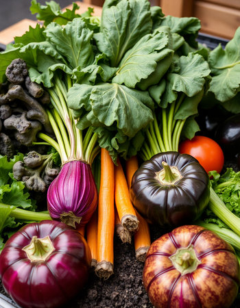 Variety of fresh organic vegetables on wooden table. Top view.の写真素材