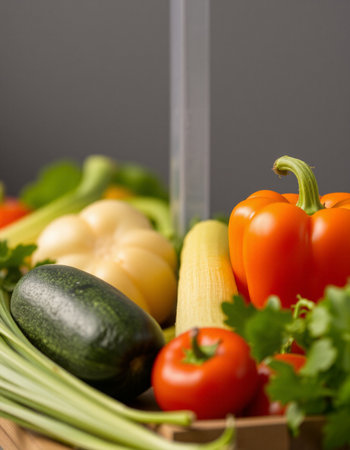 Fresh vegetables in wooden box on grey background. Healthy eating concept.の写真素材