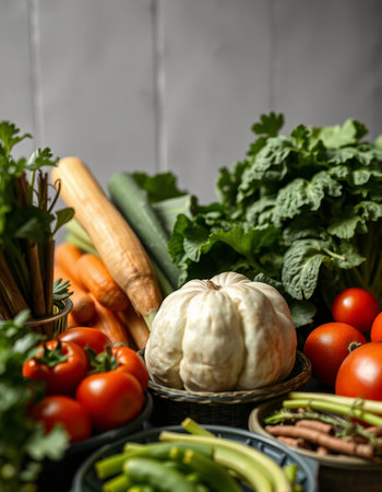 Fresh organic vegetables on wooden background. Healthy food concept. Vegetarian.の写真素材