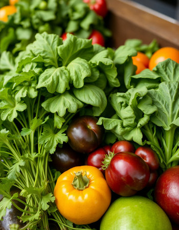 Variety of fresh vegetables in wooden box. Healthy food background.の写真素材