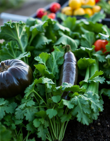 Eggplant, celery, parsley and tomatoes on the garden bed