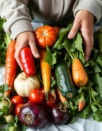 Closeup of woman hands holding fresh organic vegetables. Healthy food conceptの写真素材