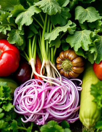 Fresh vegetables with red onion and parsley. Healthy food concept.