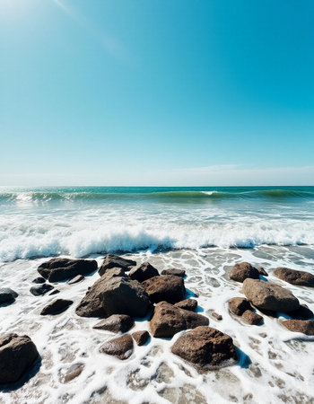 Beautiful seascape with rocks on the beach and blue skyの写真素材