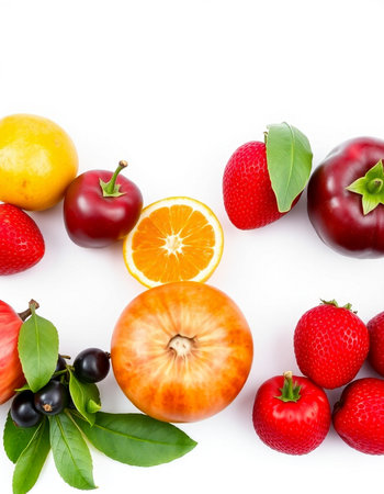 Fruits and berries on white background. Top view. Flat lay.