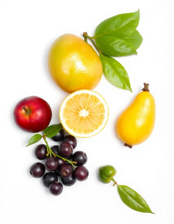 Fresh fruits isolated on white background. Healthy food concept. Top view.の写真素材