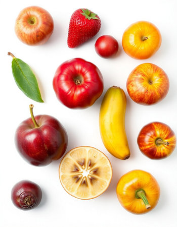 Fruits and vegetables isolated on a white background. Top view.の写真素材