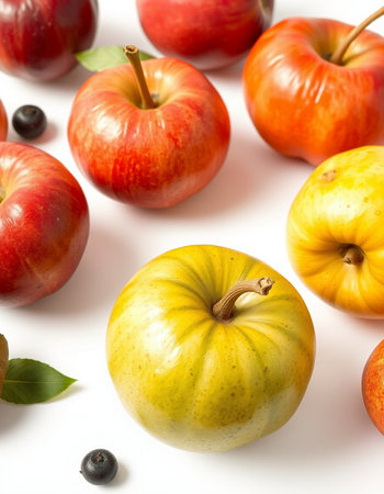 Red and yellow apples with leaves on a white backgroundの写真素材
