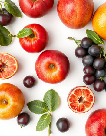 Fruits and berries on white background, top view. Flat layの写真素材
