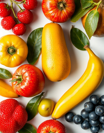 Fruits and vegetables on a white background. Flat lay, top view