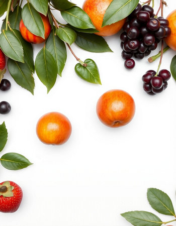 Fruits and berries on a white background with space for text.