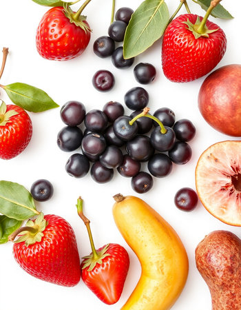 fruits and berries on white background. top view. flat lay