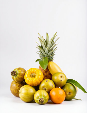 Pineapple, papaya, kiwi and orange on white backgroundの写真素材