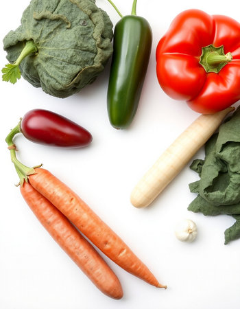 Vegetables on a white background, top view, close-up