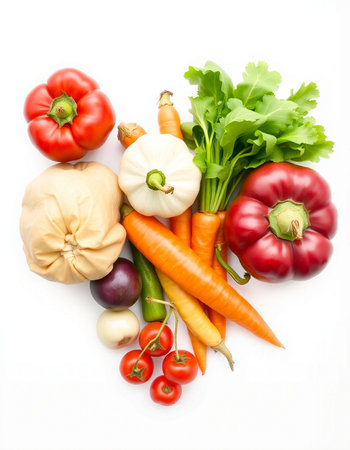 Fresh vegetables isolated on white background. Healthy food concept. Top view.の写真素材