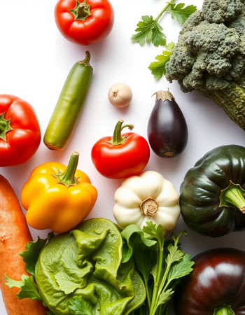 Fresh vegetables isolated on white background. Healthy food concept. Top view.の写真素材