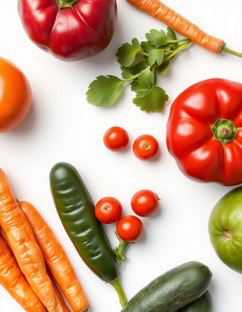 Different fresh vegetables on white background, top view. Vegetarian food