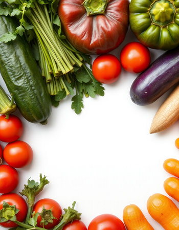 Fresh vegetables on a white background. Top view. Copy space.の写真素材
