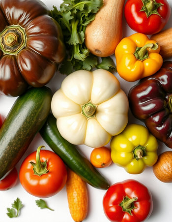 Variety of fresh vegetables on white background, top view, close up