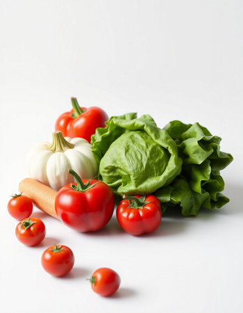 Vegetables on a white background. Tomato, carrot, lettuce.の写真素材