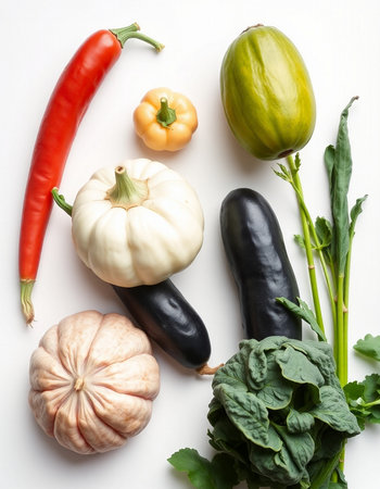 Vegetables on a white background, top view, flat layの写真素材