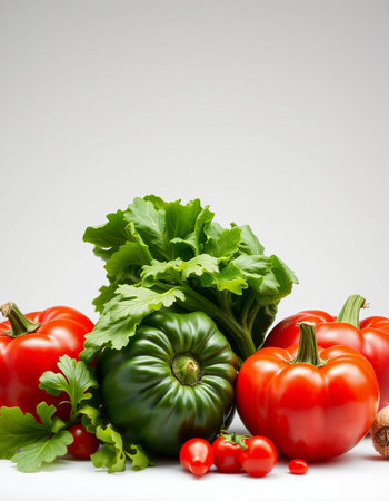 Fresh vegetables isolated on white background. Red, green and red peppers and parsleyの写真素材