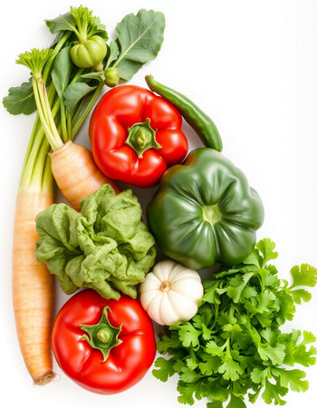 Fresh vegetables isolated on white background. Healthy food concept. Top view.