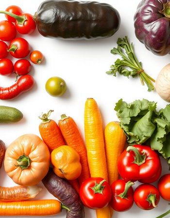 Fresh vegetables on white background, top view. Healthy food concept.の写真素材