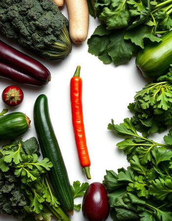 Composition with variety of fresh vegetables on white background, top viewの写真素材