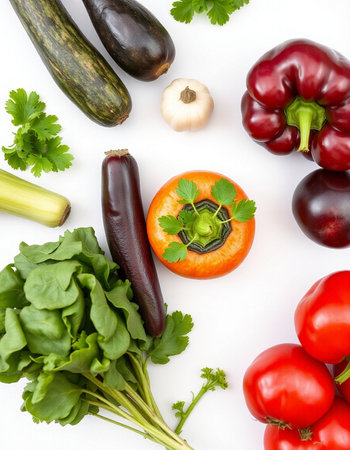 Fresh vegetables isolated on white background. Top view. Flat lay.