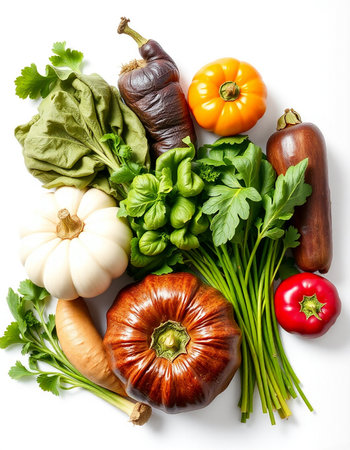 Composition with variety of fresh vegetables on white background, top view