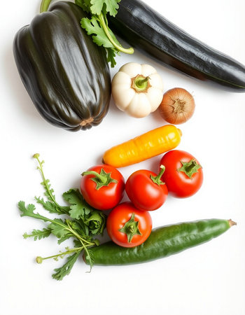 Vegetables on a white background. Tomato, pepper, eggplant, garlic, parsleyの写真素材