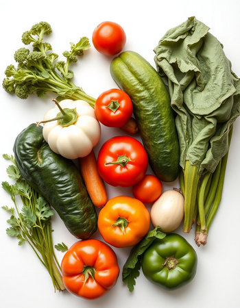 Composition with fresh vegetables on a white background. Healthy food.の写真素材