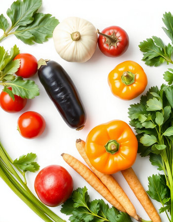 Fresh vegetables isolated on white background. Top view. Flat lay.の写真素材