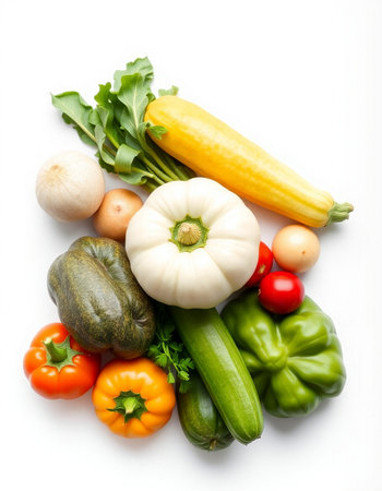 Fresh vegetables isolated on white background. Top view. Flat lay.の写真素材