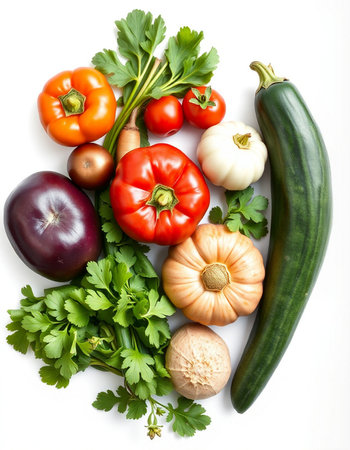 Fresh vegetables isolated on white background. Healthy food. Top view.の写真素材