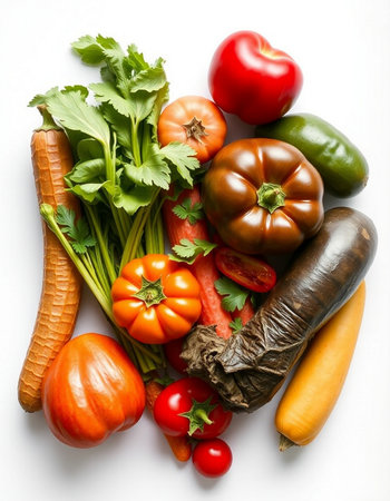 Fresh vegetables on white background. Healthy food concept. Top view.の写真素材